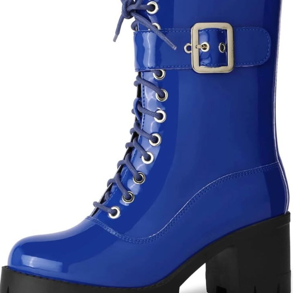 Perphy Platform Lace Up Round Toe Chunky Heel Combat Boots for Women